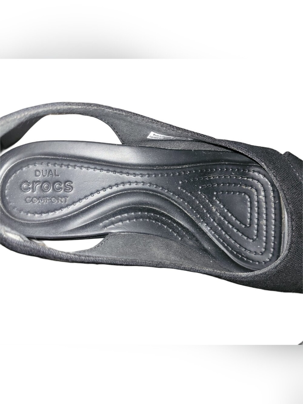 Crocs Leigh Ann Black Canvas Slingback Peep-Toe Wedge Sandals Size 6W - Picture 4 of 6